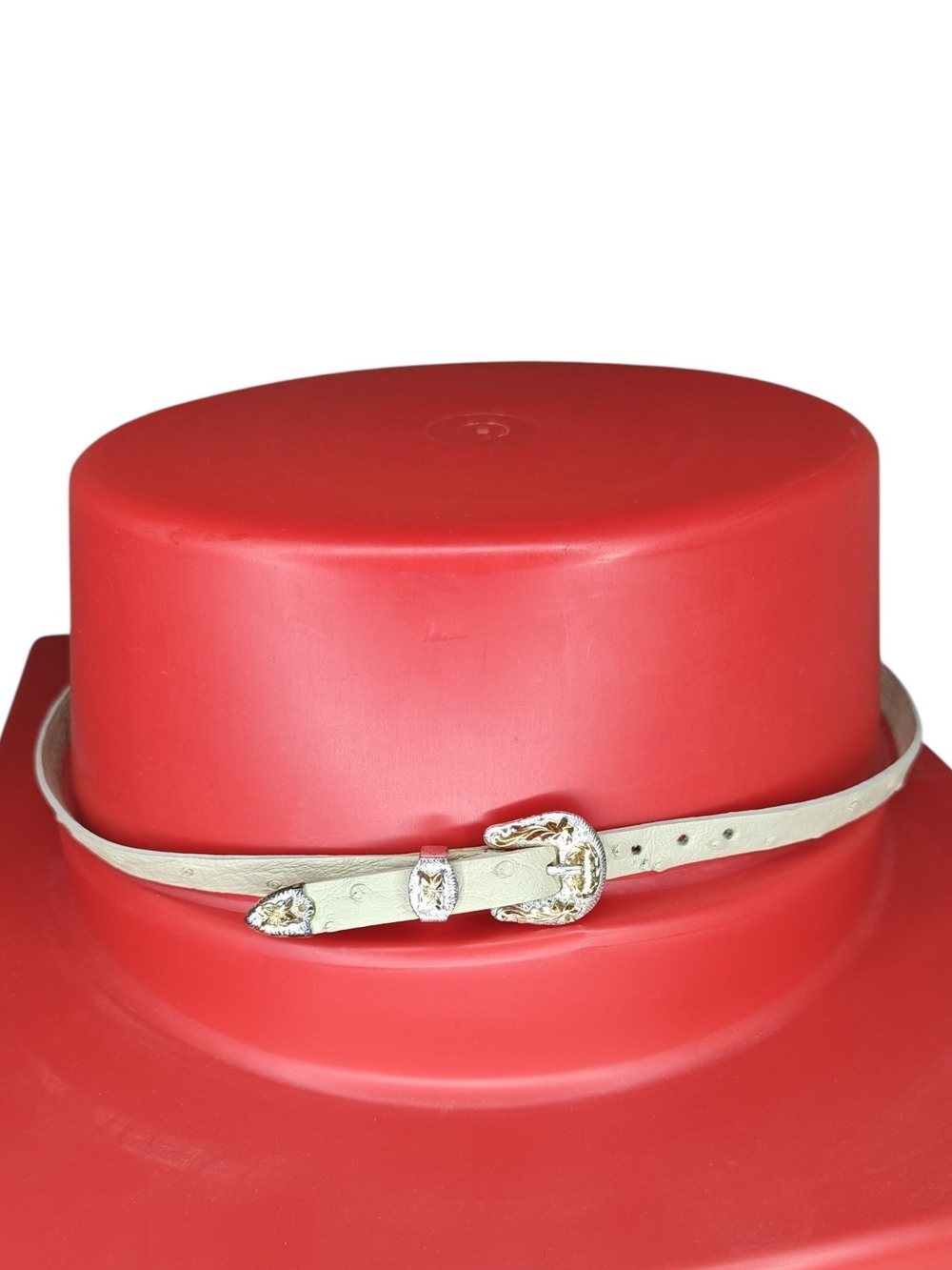 Cream Ostrich Print Leather Western Hat Band 3-Piece Silver Gold Buckle Set 27"